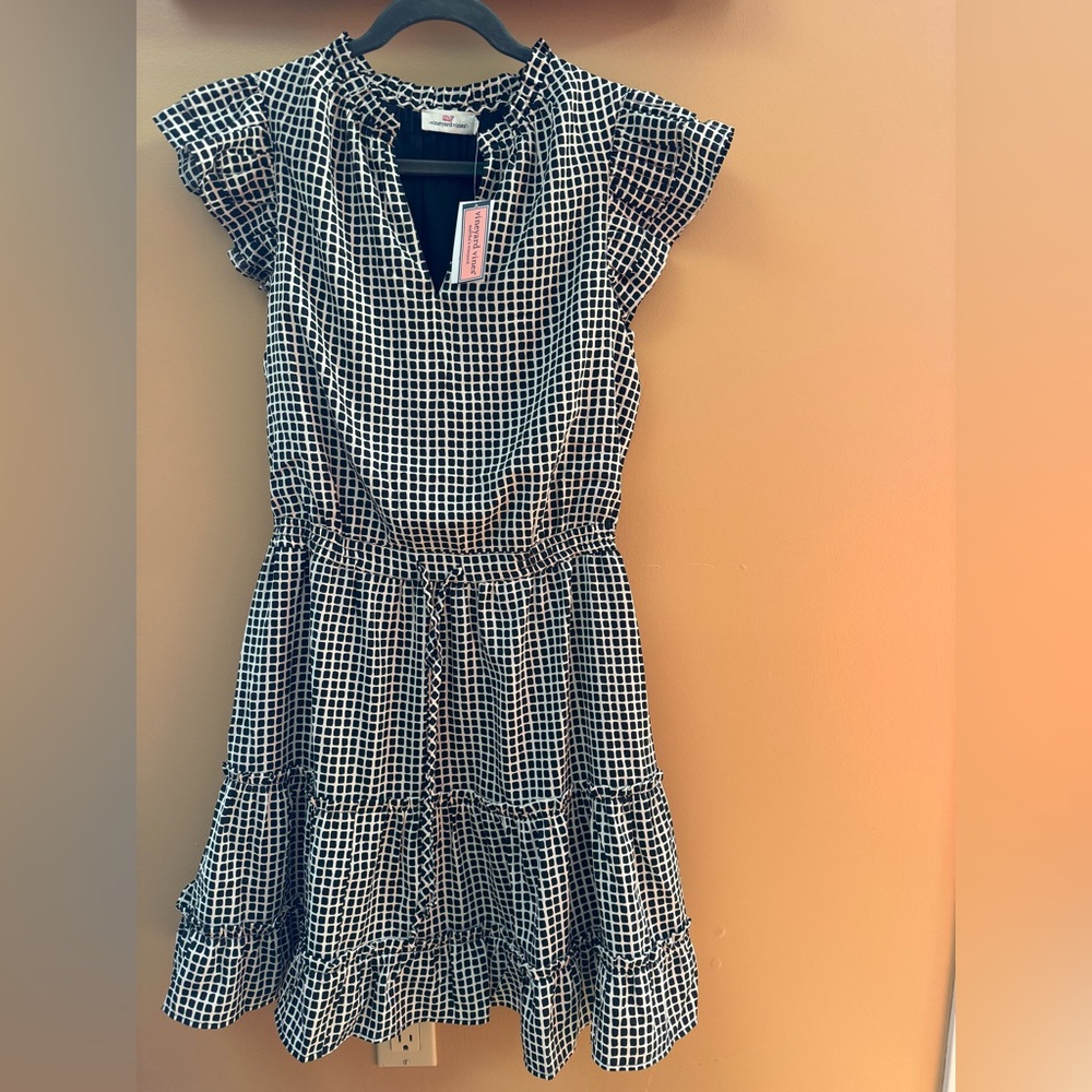 Vineyard Vines Haven Grid Print Black and White Flutter Sleeve Dress Size Small